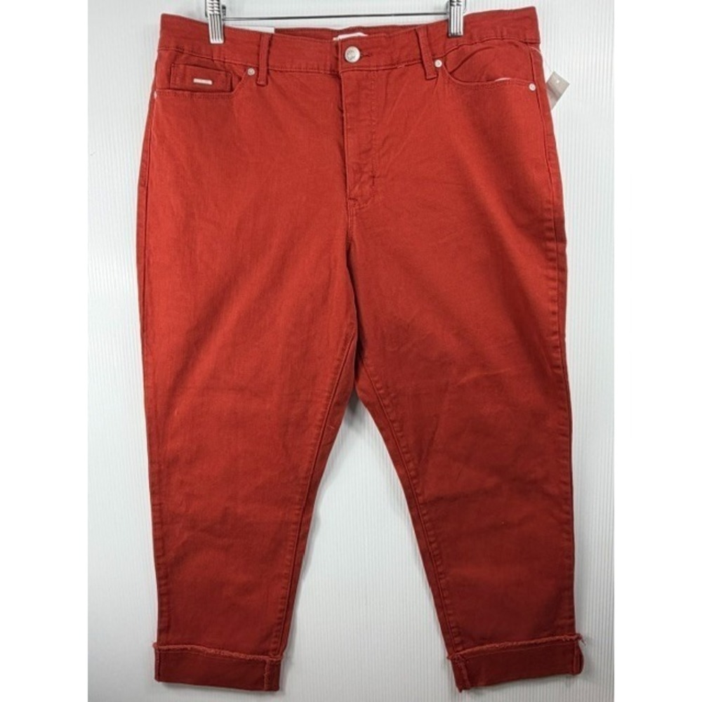 Nine West Gramercy Crop Pants 16 Red Soft Twill High Rise Skinny Slim Fray Cuff